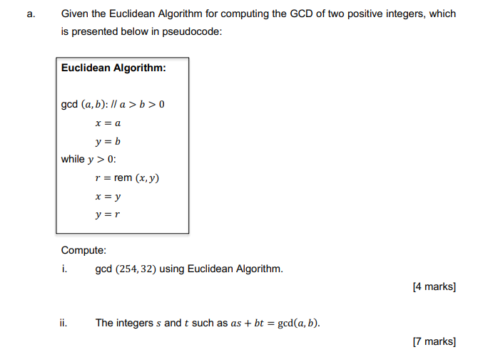 Solved Given the Euclidean Algorithm for computing the GCD | Chegg.com
