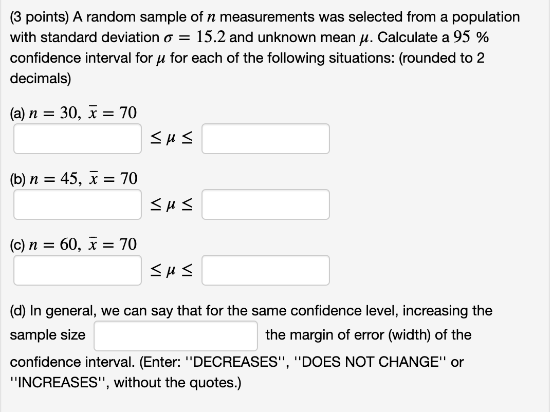 Solved (3 points) A random sample of n measurements was | Chegg.com