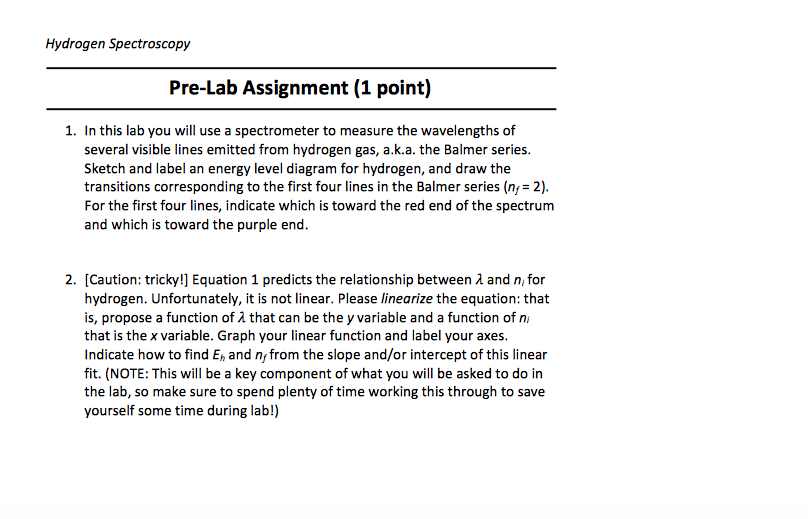 Solved Hydrogen Spectroscopy PreLab Assignment (1 point) 1.