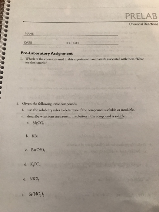 PRELAB Chemical Reactions NAME DATE SECTION | Chegg.com