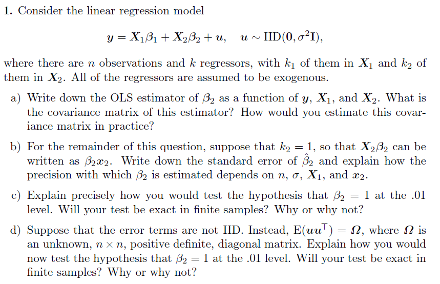 1. Consider the linear regression model y = X1B1 +