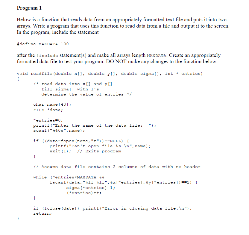 Program 1 Below is a function that reads data from an | Chegg.com