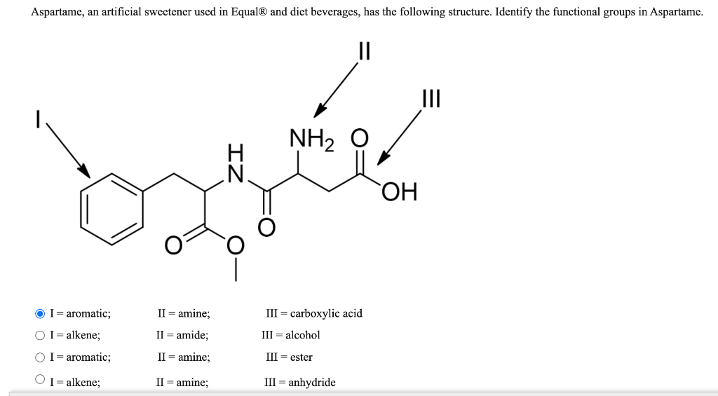 Aspartame, an artificial sweetener used in Equal® and diet beverages, has the following structure. Identify the functional gr