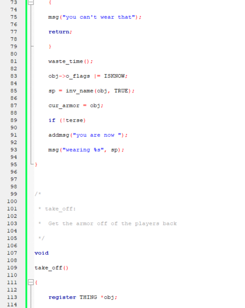 msg (you cant wear that); return; waste_time(); obj->o_flags = ISKNOW; sp = inv_name (obj, TRUE); cur_armor = obj; if (!te