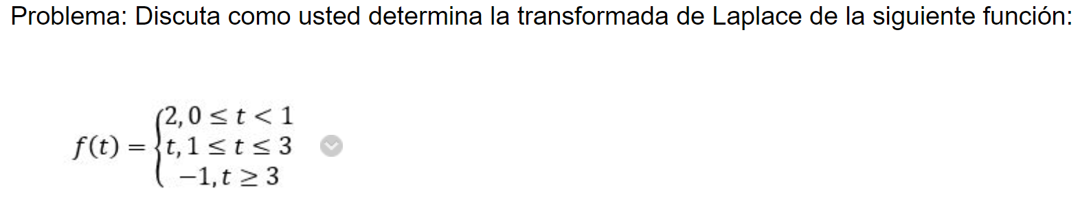 Problema: Discuta como usted determina la transformada de Laplace de la siguiente función: \[ f(t)=\left\{\begin{array}{c} 2,