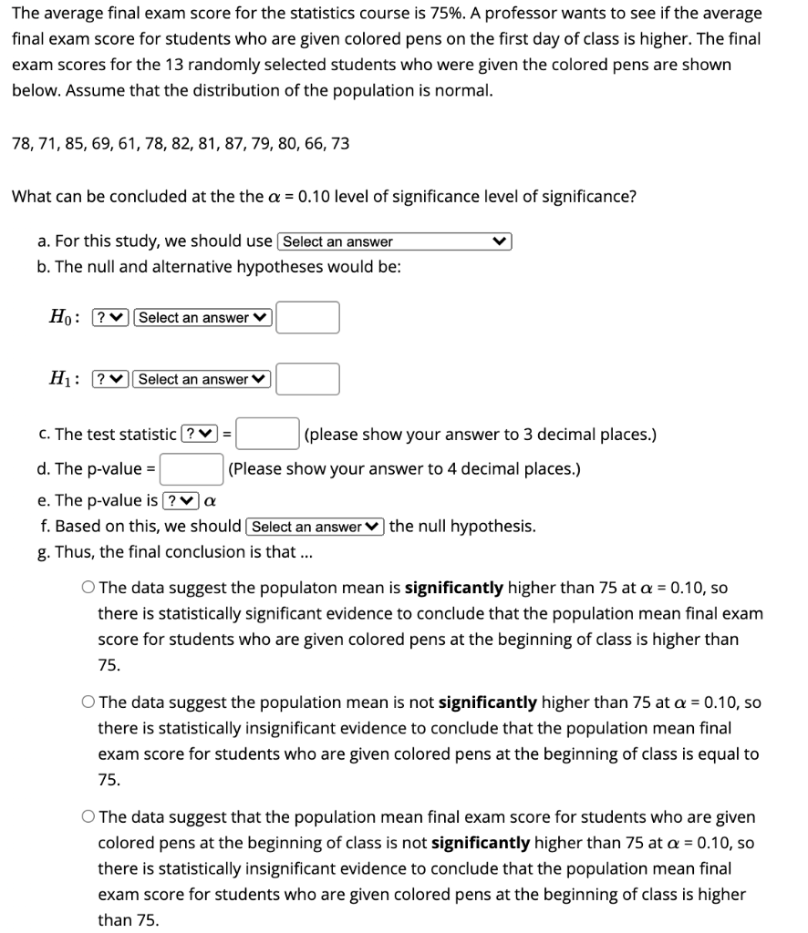 Solved The average final exam score for the statistics | Chegg.com
