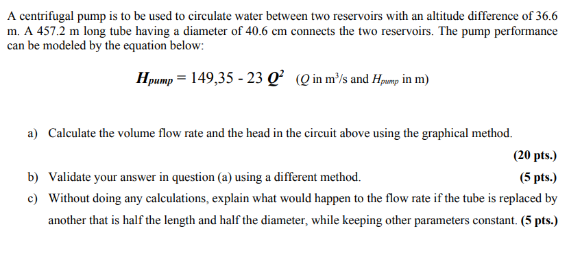 Solved A centrifugal pump is to be used to circulate water | Chegg.com