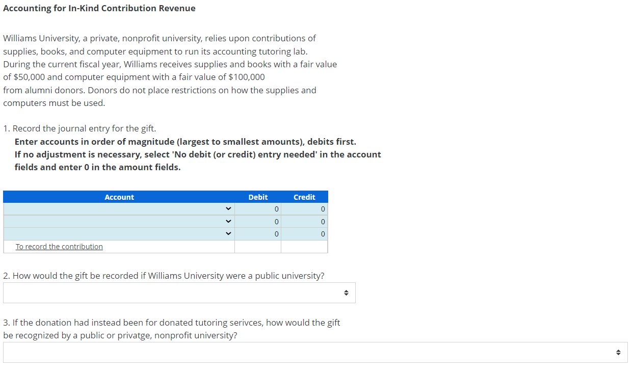 Solved Accounting for InKind Contribution Revenue Williams
