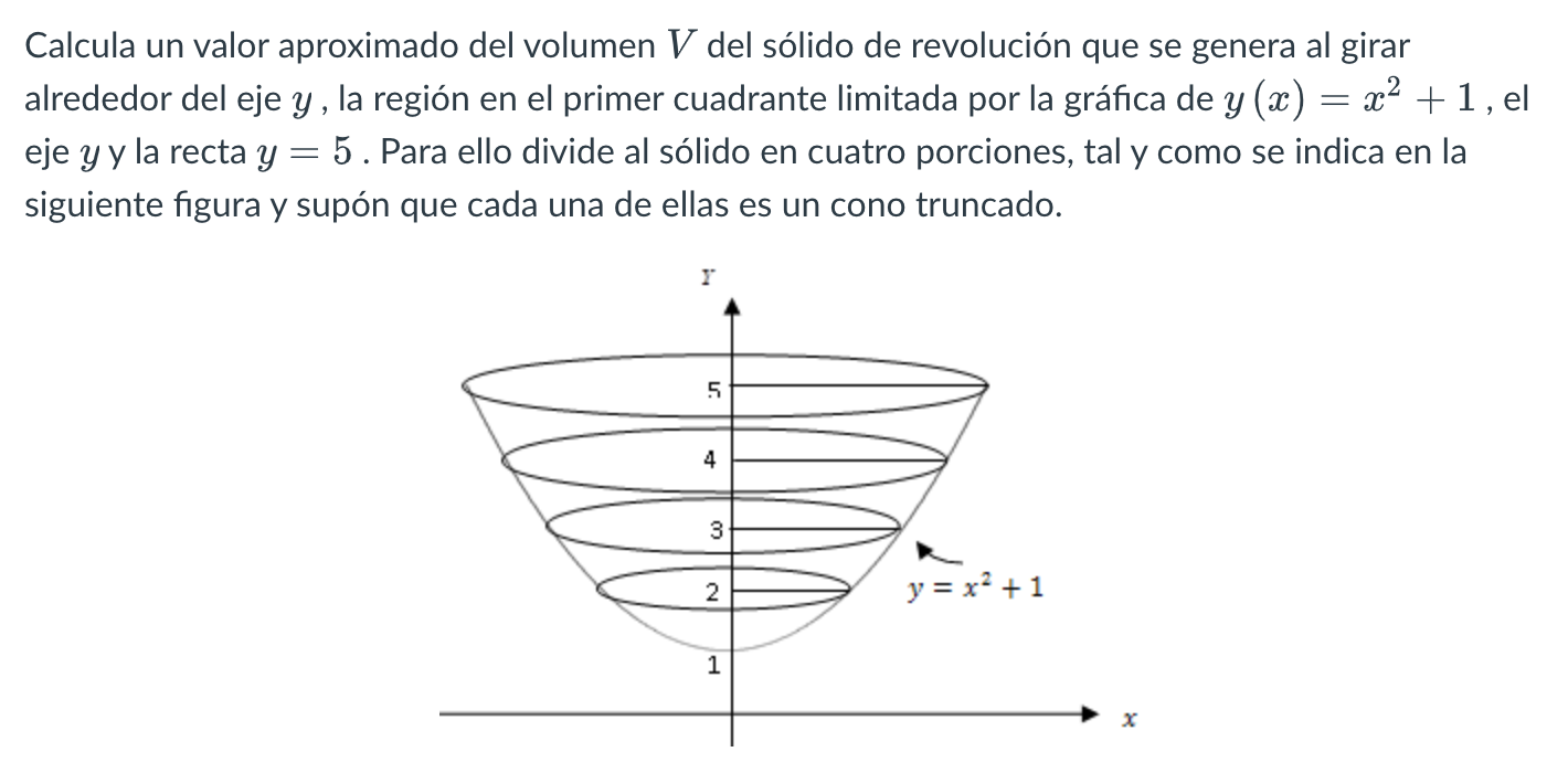 Calcula un valor aproximado del volumen \( V \) del sólido de revolución que se genera al girar alrededor del eje \( y \), la