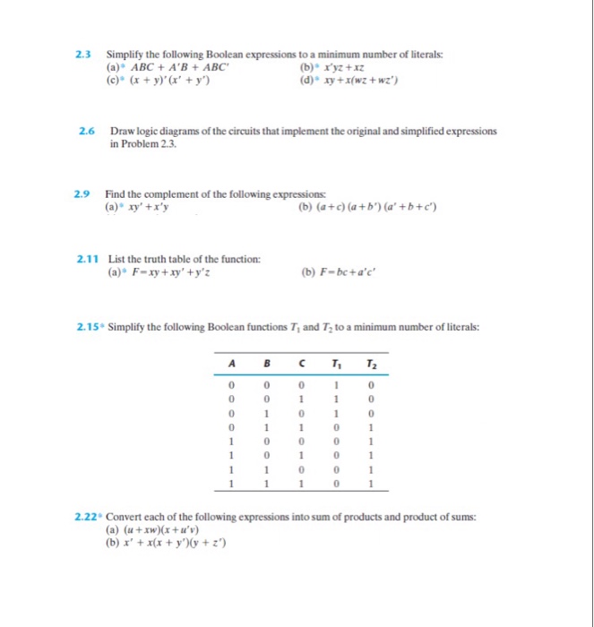 Solved 2.3 Simplify The Following Boolean Expressions To A | Chegg.com