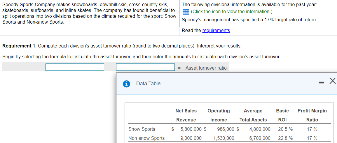 Requirement 1 Compute Each Division S Asset Turnover Chegg Com