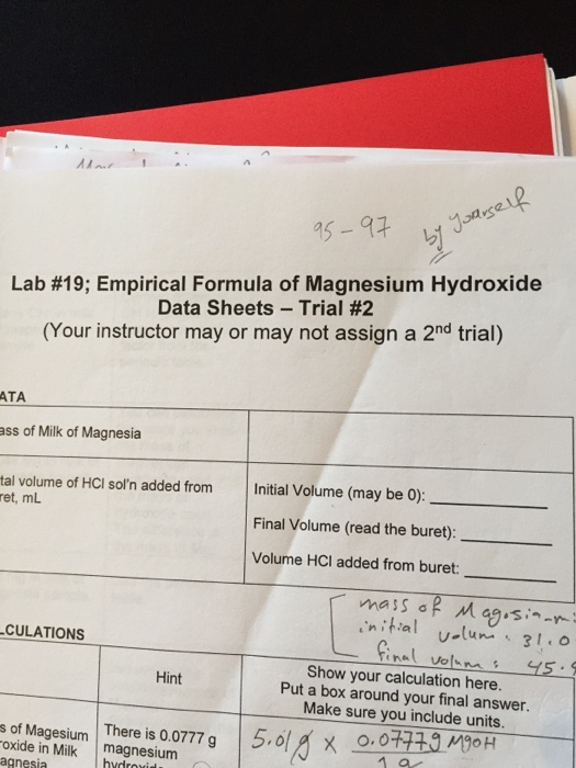 Solved as Lab 19; Empirical Formula of Magnesium Hydroxide