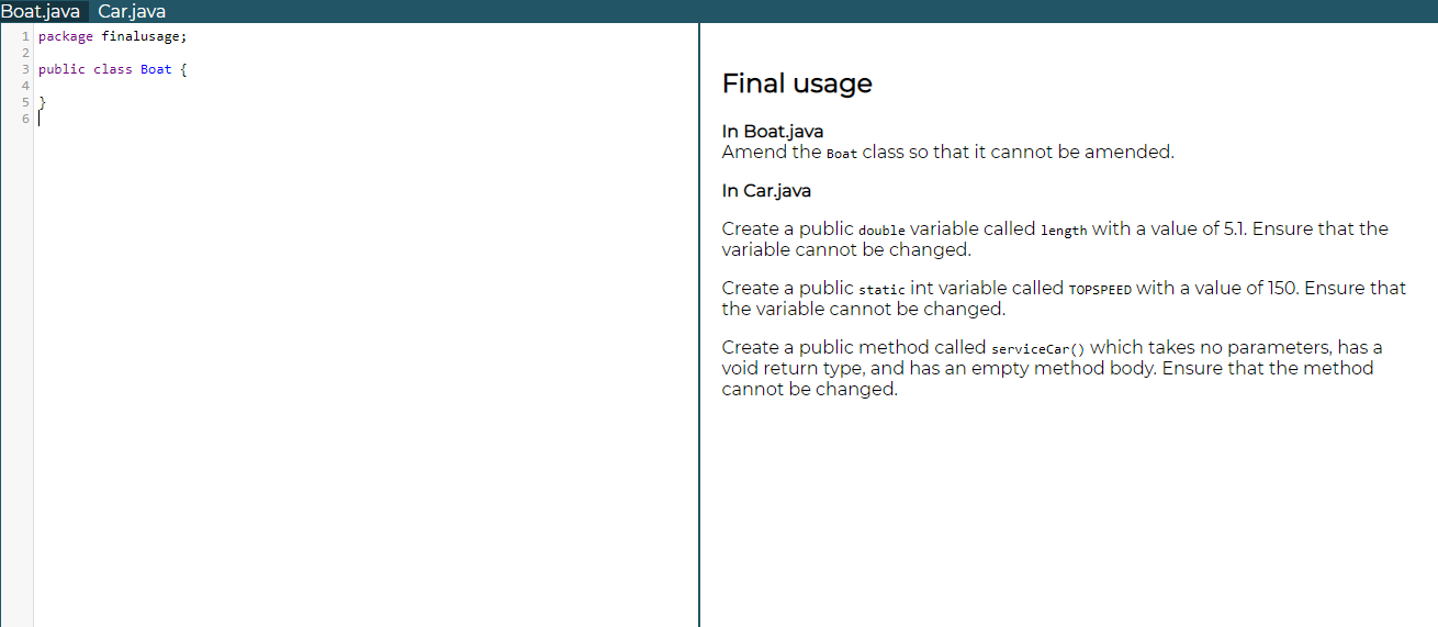 Solved Boat.java Car.java 1 package finalusage; 3 public | Chegg.com