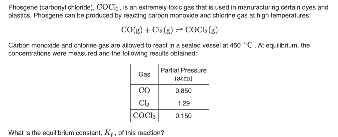 Solved Phosgene (carbonyl chloride), COCl2, is an extremely | Chegg.com