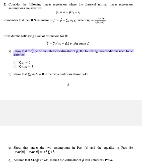 Solved Consider The Following Linear Regression Where The 2628