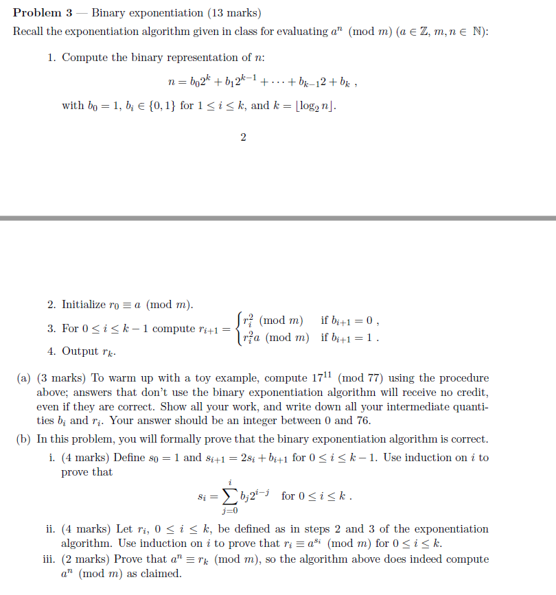 Problem 3 - Binary Exponentiation (13 Marks) Recall | Chegg.com