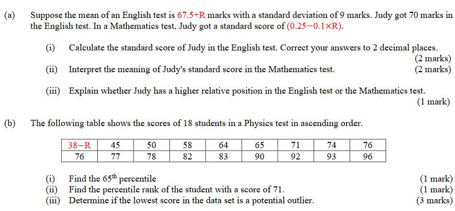 Solved Suppose the mean of an English test is 67.5+R marks | Chegg.com