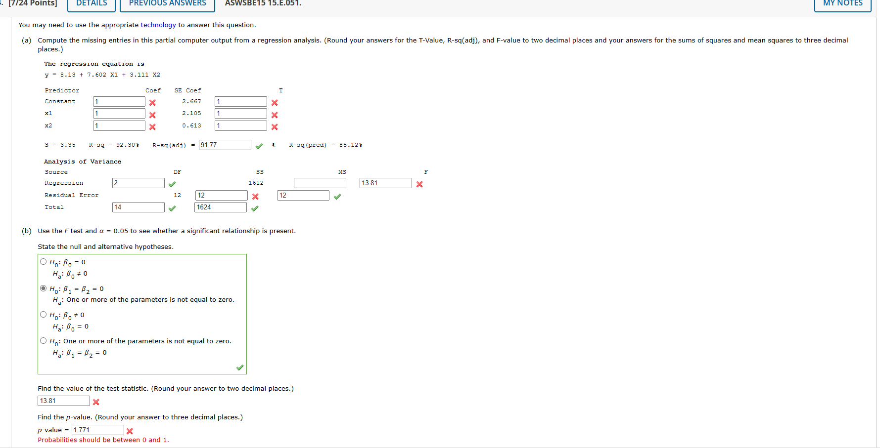 Solved (b) Use the F test and α=0.05 to see whether a | Chegg.com