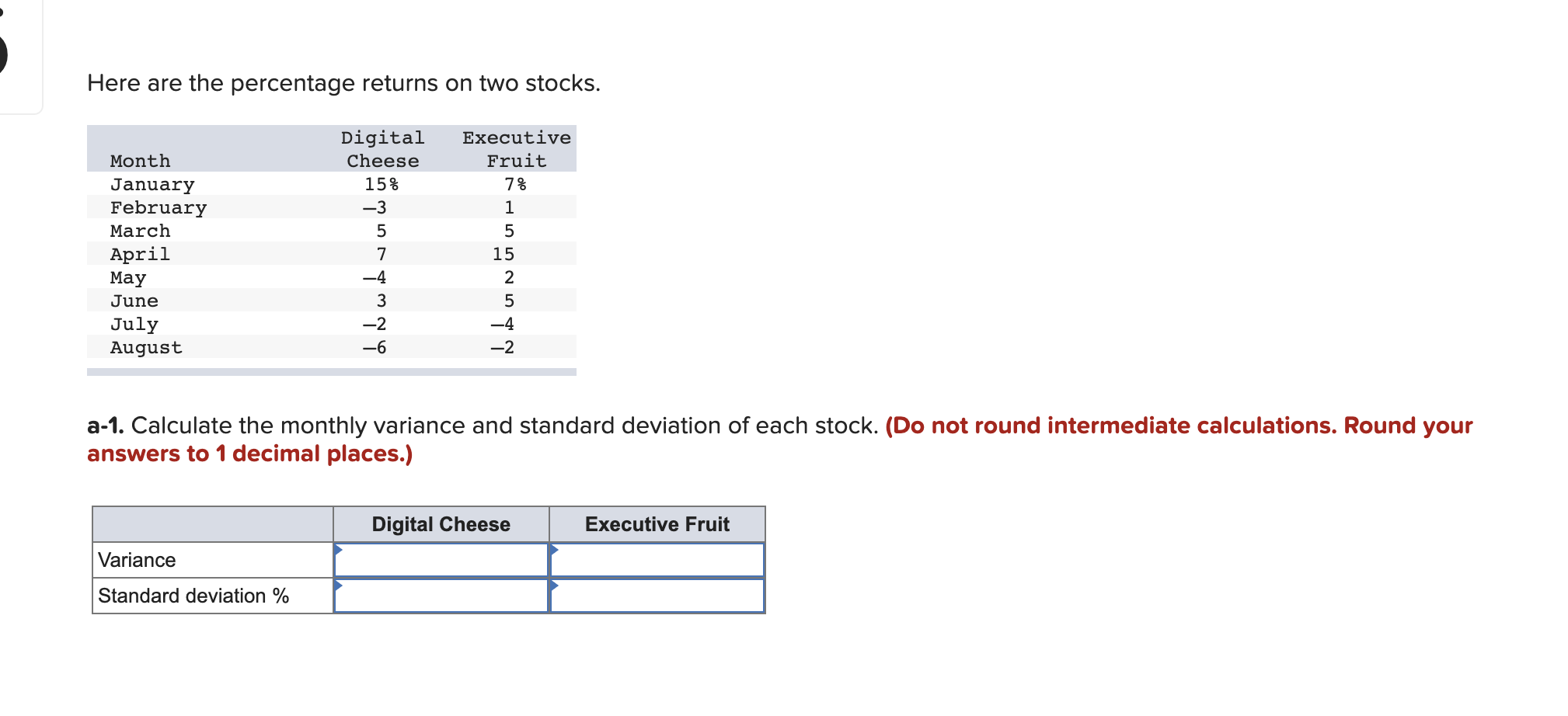 Solved Here Are The Percentage Returns On Two Stocks. Month | Chegg.com