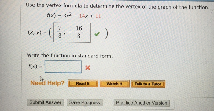 Solved Use the vertex formula to determine the vertex of the | Chegg.com