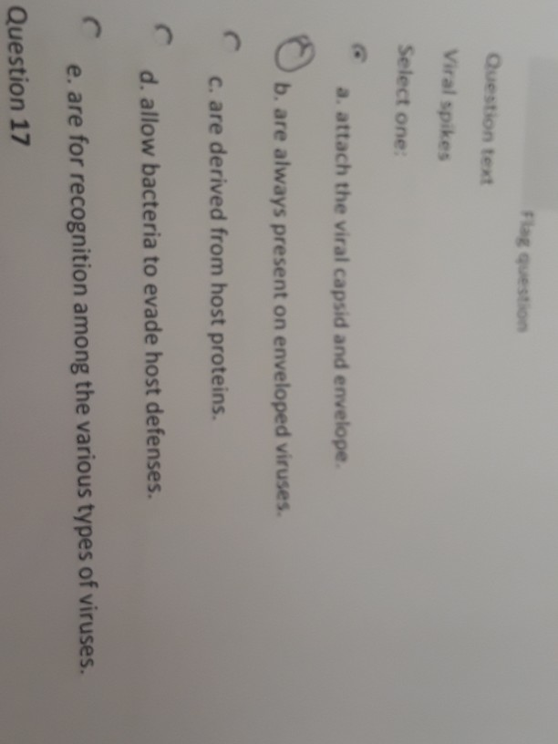 Solved Flag question Question text Viral spikes Select one | Chegg.com