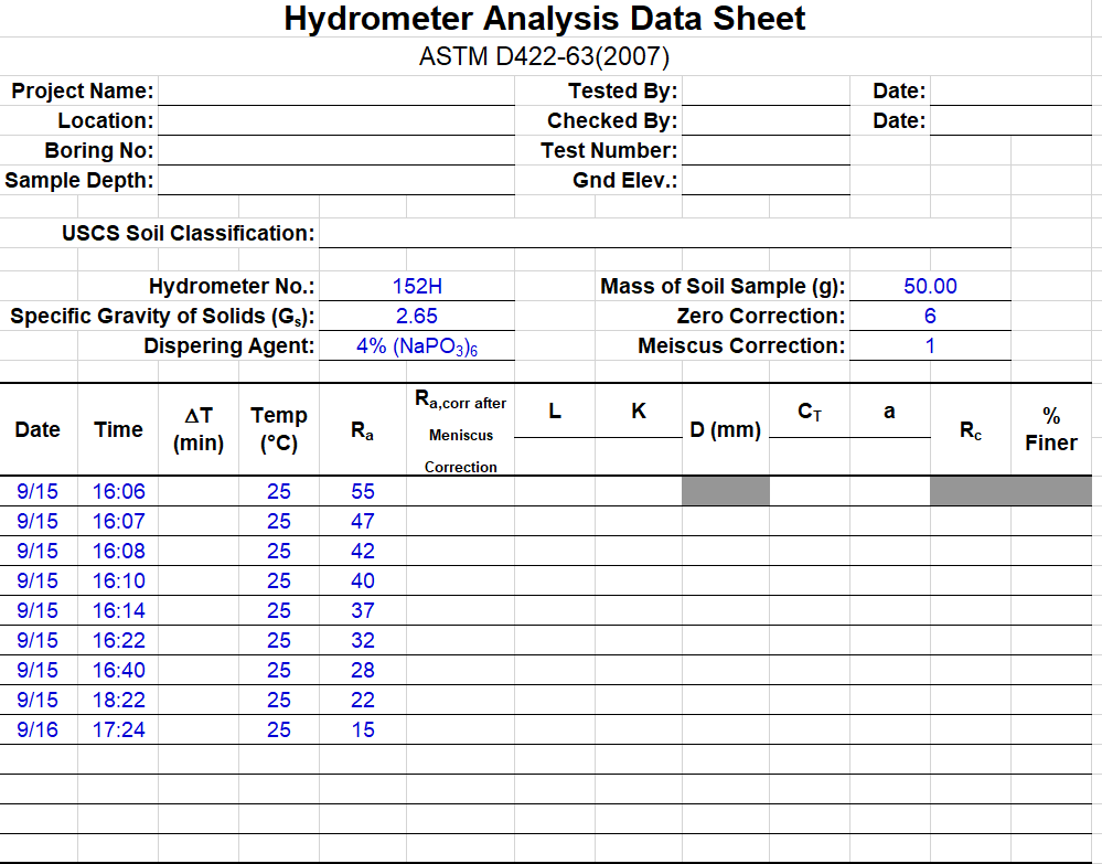 Solved Hydrometer Analysis Data Sheet ASTM D422-63(2007) | Chegg.com