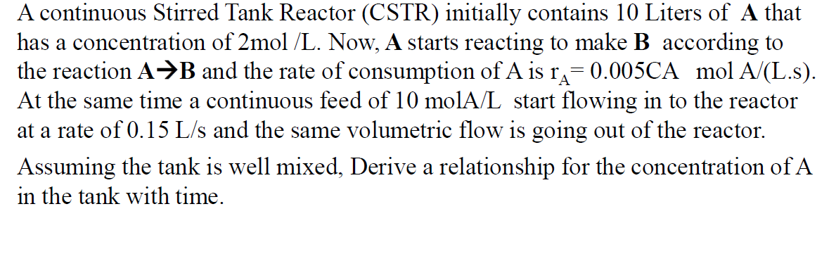 Solved A continuous Stirred Tank Reactor (CSTR) initially | Chegg.com