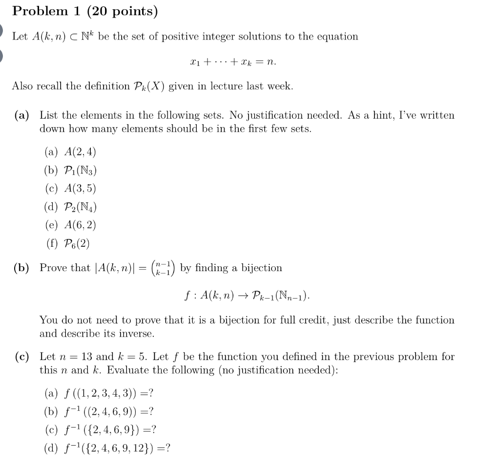 Problem 1 (20 points) Let Aſk, n) C Nk be the set of | Chegg.com
