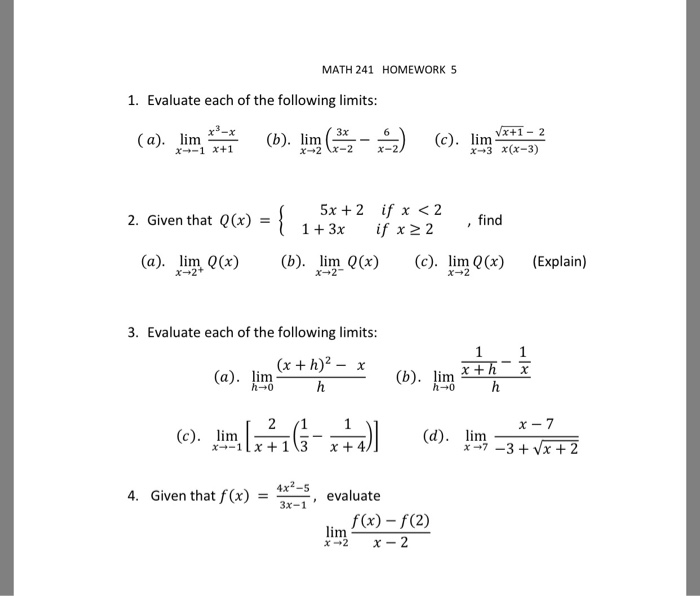 Solved MATH 241 HOMEWORK 5 1. Evaluate each of the following | Chegg.com