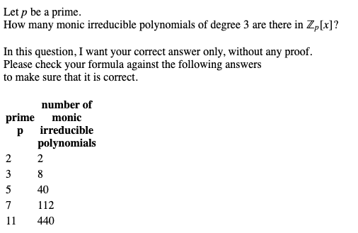Solved Let p be a prime. How many monic irreducible | Chegg.com