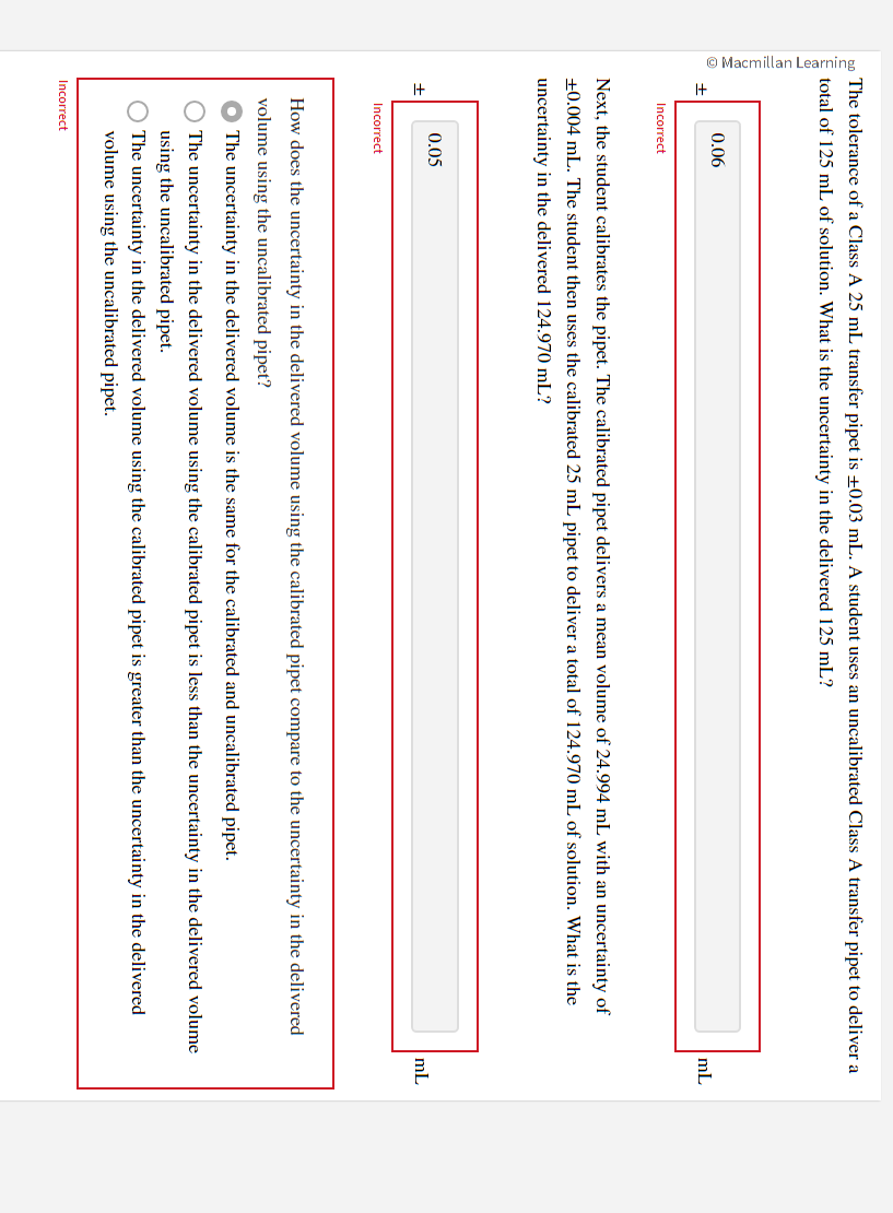 The tolerance of a Class A \( 25 \mathrm{~mL} \) transfer pipet is \( \pm 0.03 \mathrm{~mL} \). A student uses an uncalibrate