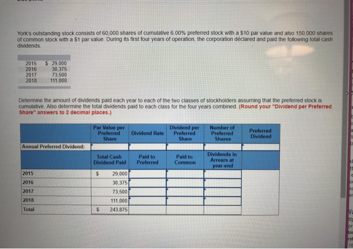 Solved York's outstanding stock consists of 60,000 shares of | Chegg.com