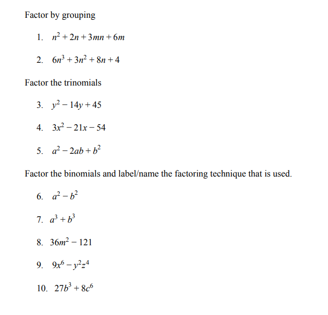 Solved Factor by grouping 1. n2 + 2n + 3mn +6m 2. 6n3 + 3n2 | Chegg.com