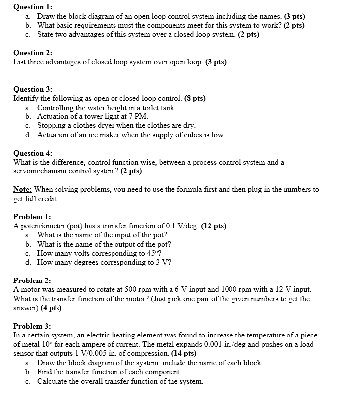 Solved Question 1: A. Draw The Block Diagram Of An Open Loop | Chegg.com