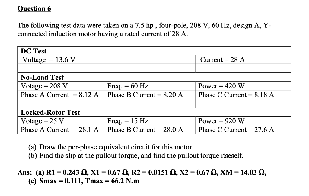 Solved Question 6 The following test data were taken on a | Chegg.com