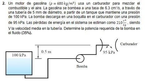 2. Un motor de gasolina \( \left(\rho=680 \mathrm{~kg} / \mathrm{m}^{3}\right) \) usa un carburador para mezclar el combustib