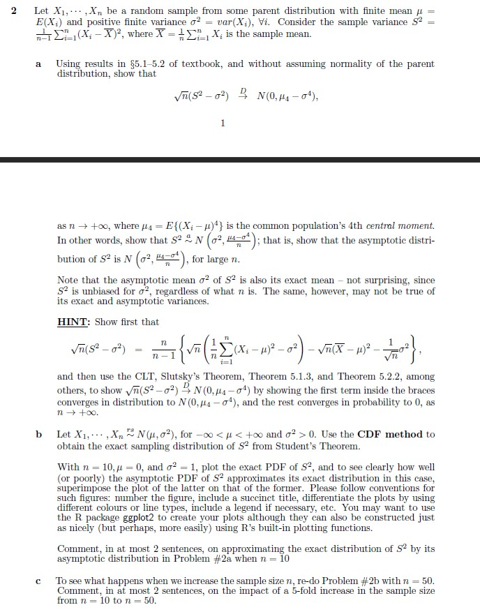 2 Let X1 Xbe A Random Sample From Some Parent Chegg Com