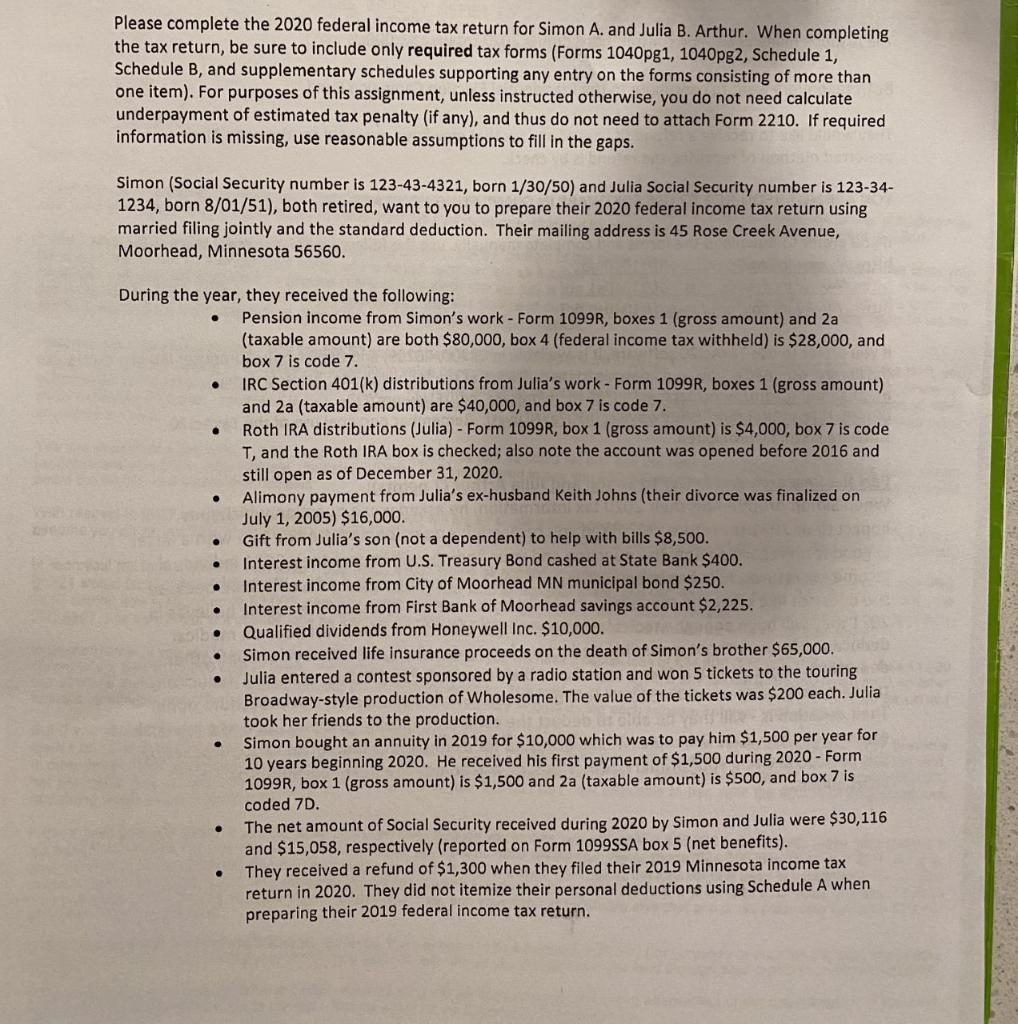 Please complete the 2020 federal tax return
