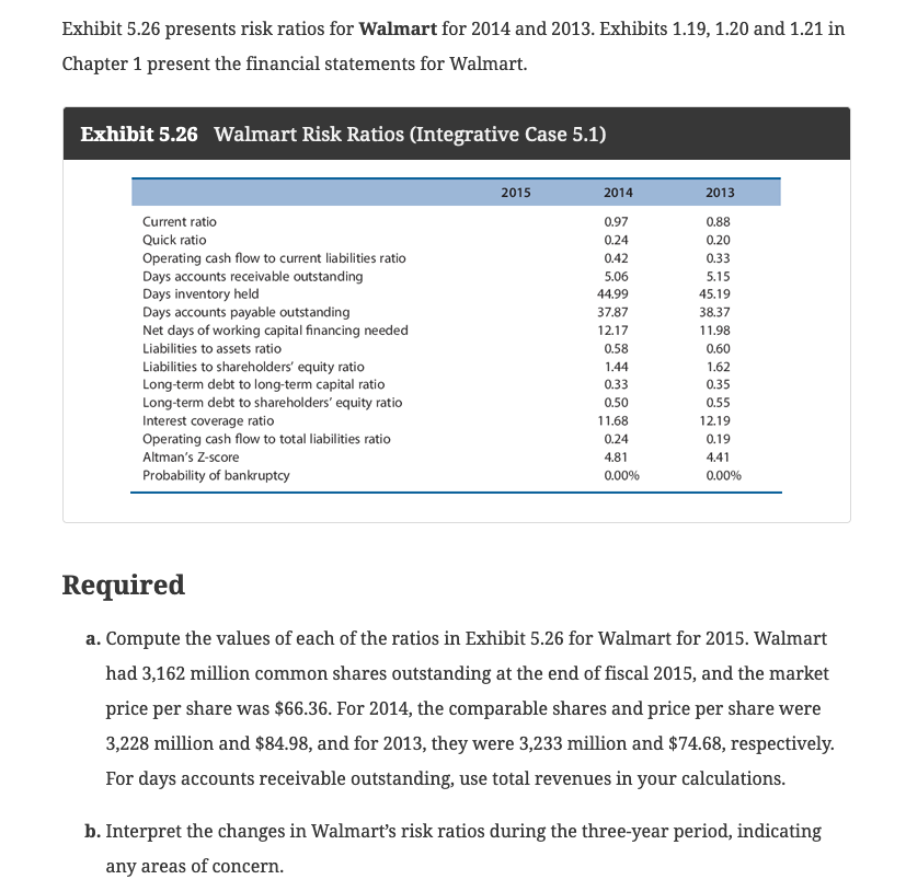 Exhibit 5.26 presents risk ratios for Walmart for | Chegg.com