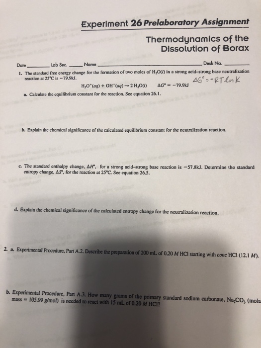 Solved Experiment 26 Prelaboratory Assignment Thermodynamics 6638