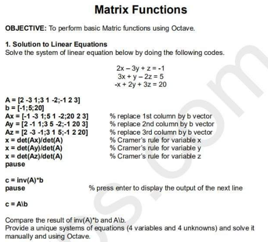 w Matrix Functions OBJECTIVE: To perform basic Matric | Chegg.com