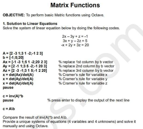 W Matrix Functions OBJECTIVE: To Perform Basic Matric | Chegg.com