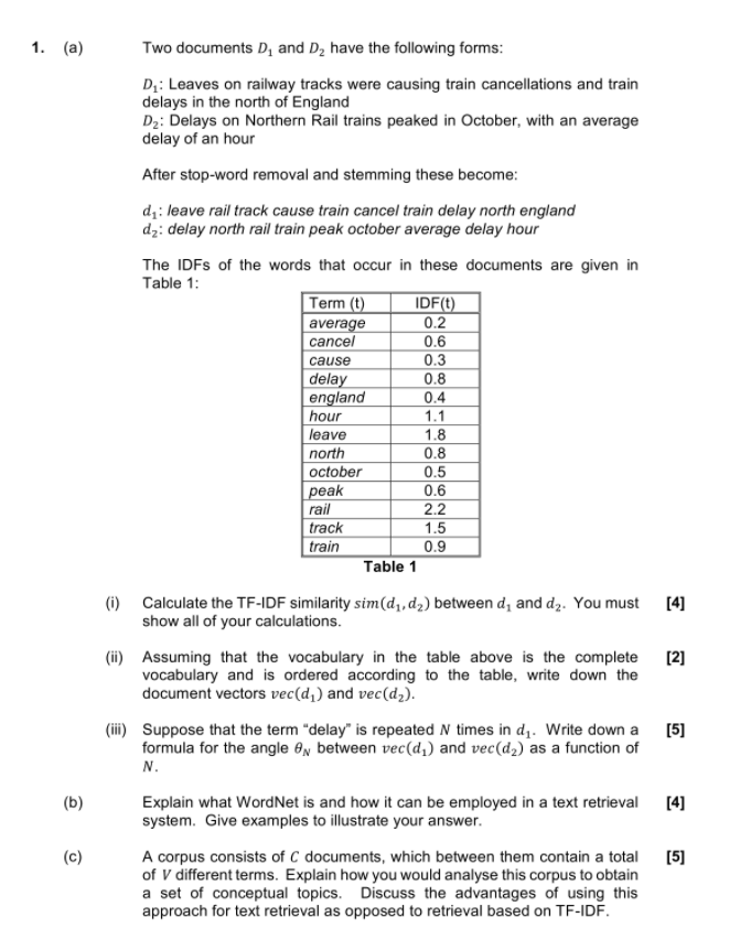 Solved 1. (a) Two documents D, and D, have the following | Chegg.com