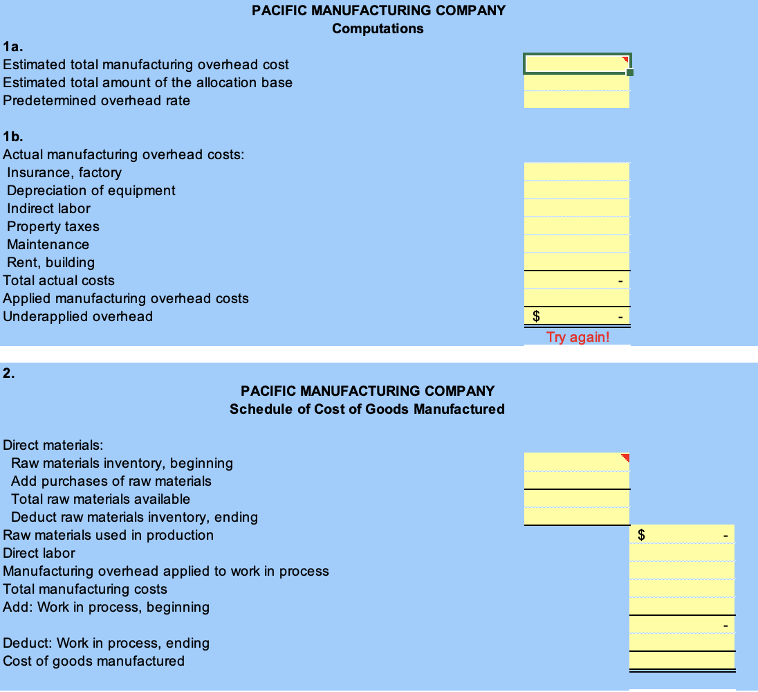 Solved PACIFIC MANUFACTURING COMPANY Computations 1 a.