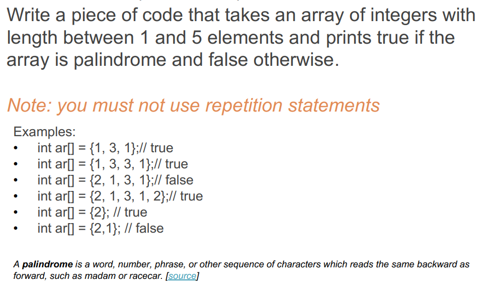 Solved Write a piece of code that takes an array of integers | Chegg.com