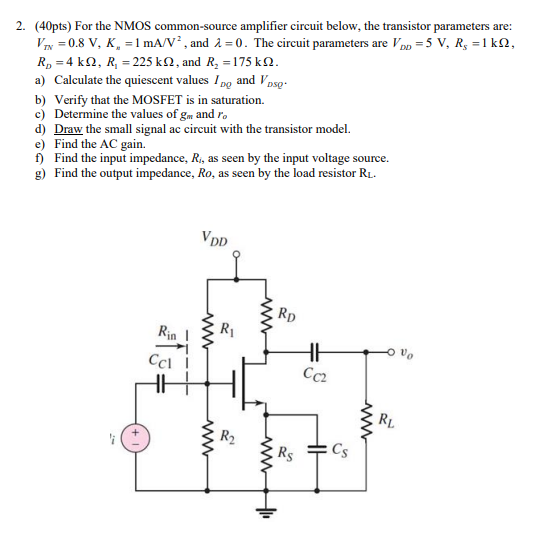 Solved 2. (40pts) For the NMOS common-source amplifier | Chegg.com