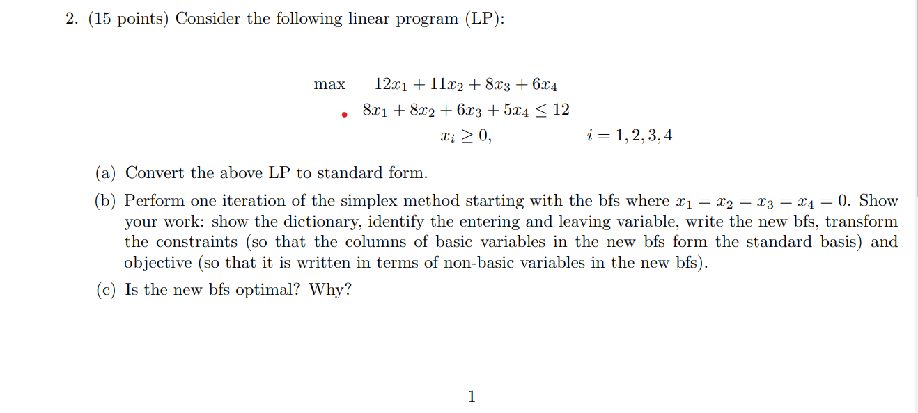 Solved 2 15 Points Consider The Following Linear Program 2607