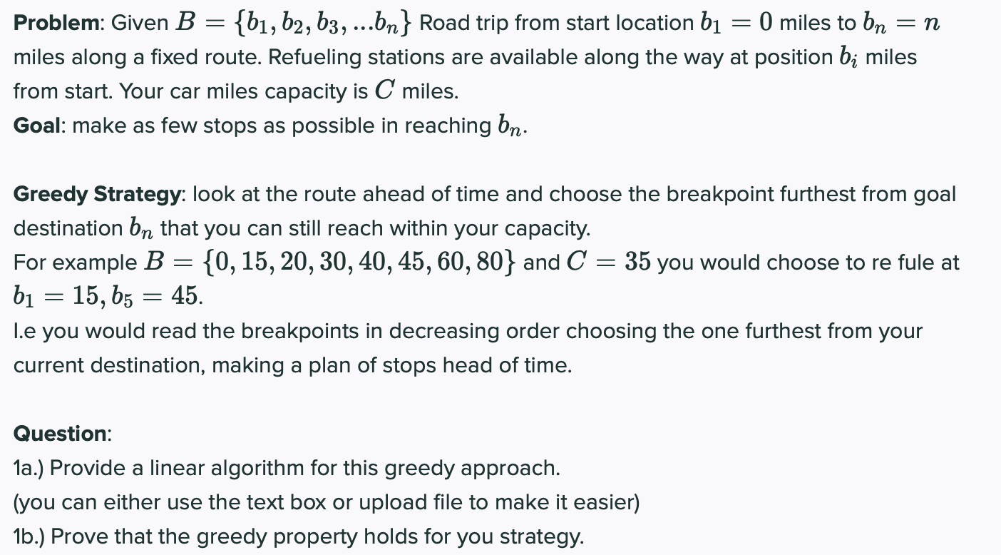 Solved = Problem: Given B = {b1,b2, 63, ...bn} Road Trip | Chegg.com