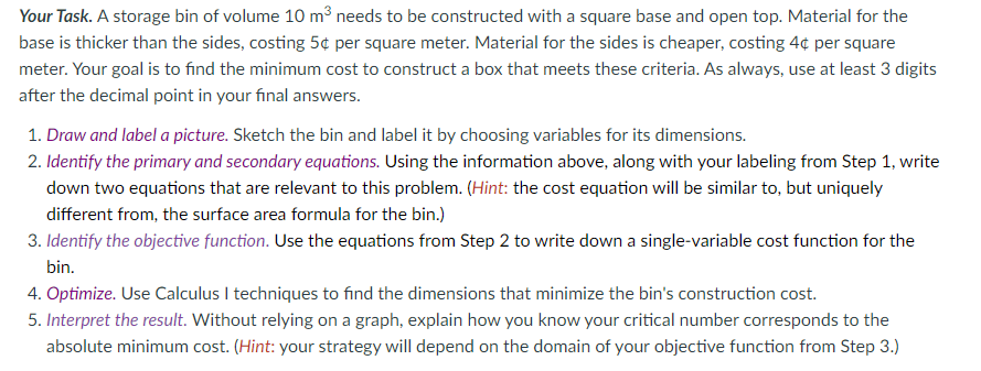 Solved Your Task. A storage bin of volume 10 m3 needs to be | Chegg.com