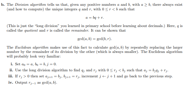 Solved b. The Division algorithm tells us that, given any | Chegg.com